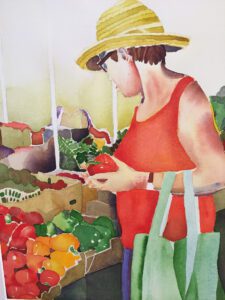 Portrait painting of a lady buying groceries