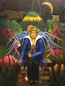 A person with blue and red feathered wings sits in a lush, jungle-like setting.