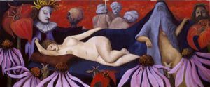 Surreal painting with nude figure and turbaned heads against red background.