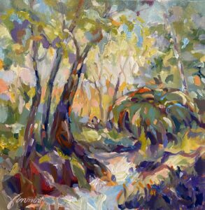 Impressionist painting of a sunlit forest path with vibrant colors.
