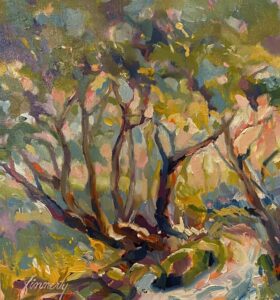 Impressionist painting of a sunlit forest with twisted trees and vibrant colors.