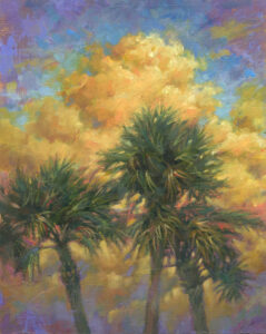 Painting of palm trees under a vibrant, colorful sky.