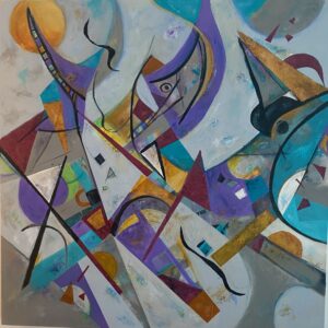 Abstract painting with dynamic shapes and vibrant colors.
