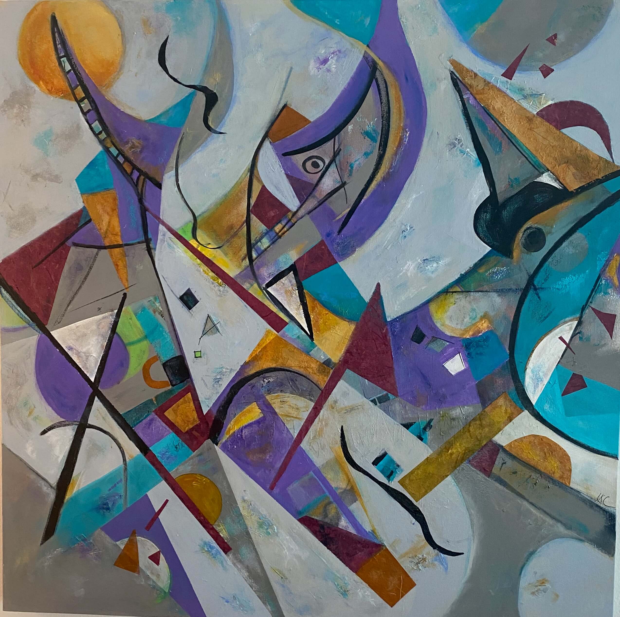 Abstract painting with dynamic shapes and vibrant colors.