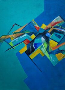 Abstract geometric painting with vibrant colors on a blue background.