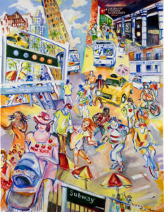 Colorful urban street scene with lively characters and vibrant activity.