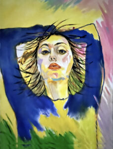 Abstract portrait of a woman with bold colors and expressive brushstrokes.