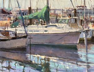 Impressionist painting of sailboats docked at a harbor with reflections in water.