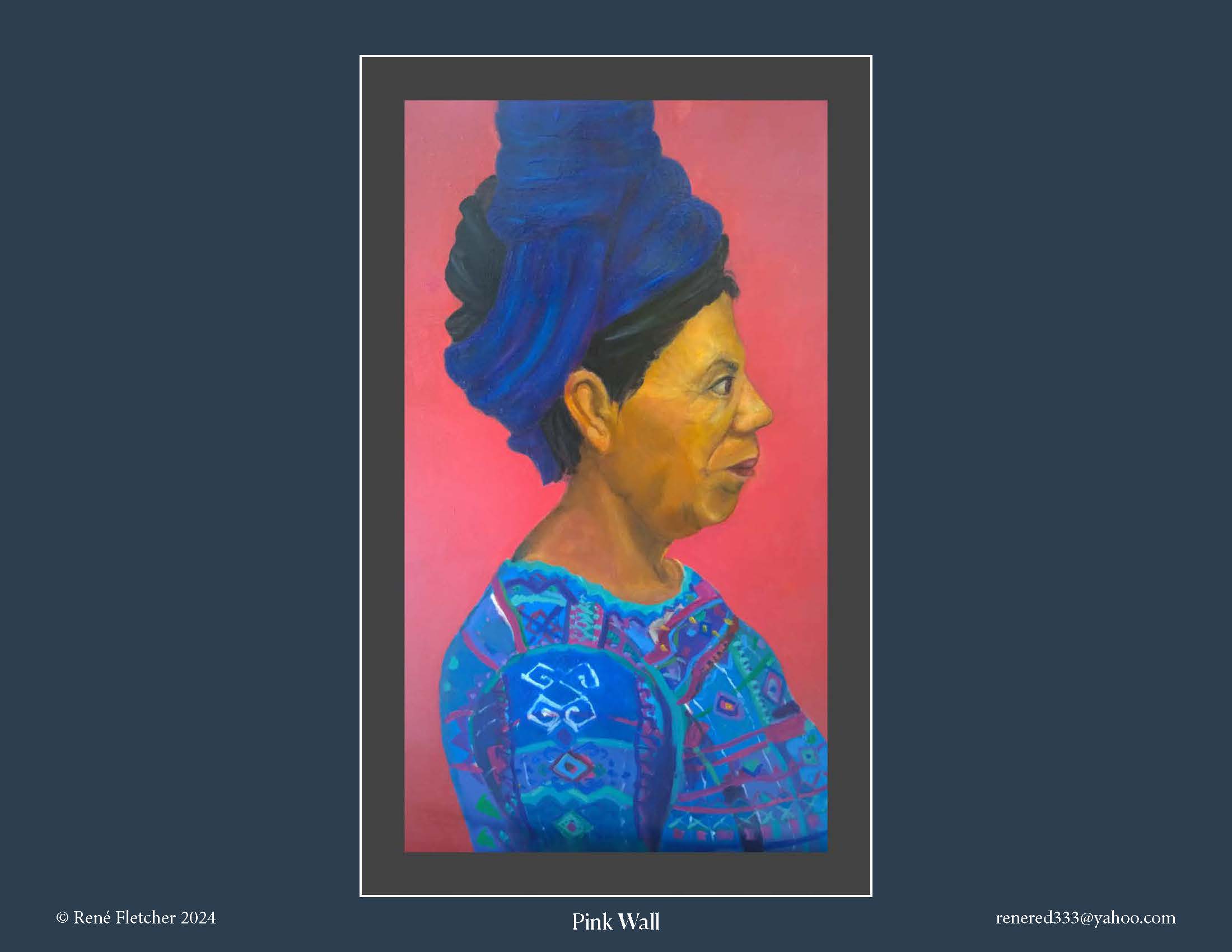 Profile portrait of a woman wearing a blue headwrap and traditional attire against a pink background.