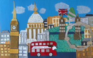 Painting of iconic London landmarks with a red double-decker bus and Union Jack flag.