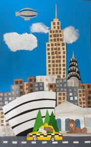 A stylized cityscape featuring iconic skyscrapers under a bright blue sky with clouds.