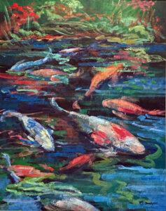 Colorful koi fish swimming in a vibrant pond.
