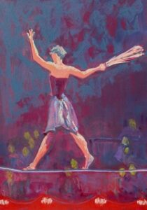 A dancer gracefully balances on a tightrope, holding a cloth.