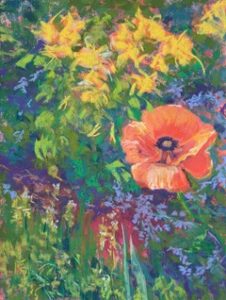A colorful painting of a vibrant orange flower amidst green and purple foliage.