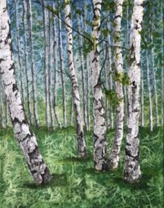A serene birch forest with sunlight filtering through the trees.