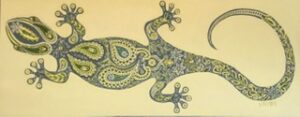 Intricate gecko artwork with paisley designs in green and yellow tones.