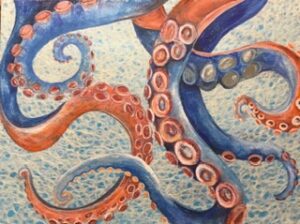 Colorful octopus tentacles twist in a dynamic underwater scene.