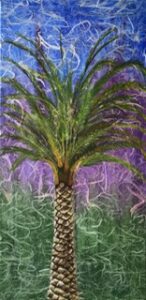 A tall palm tree with vibrant green leaves against a colorful purple and green background.