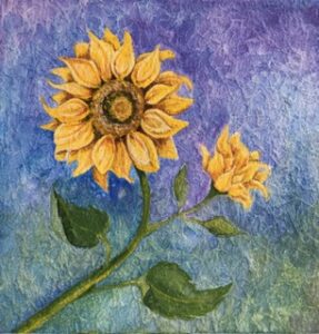 A vibrant sunflower painting with textured purple background.