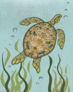 Colorful drawing of a turtle swimming underwater with seaweed and bubbles.