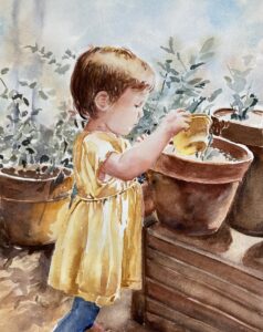 A young girl in a yellow dress watering plants on a sunny day.