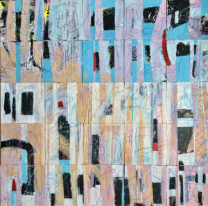 Abstract artwork with vertical and horizontal lines in pastel and dark shades.