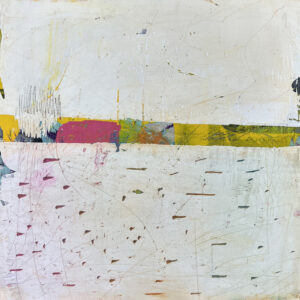 Abstract painting with horizontal bands of yellow, pink, and green on a textured white background.