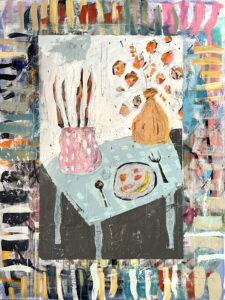 Abstract painting of a table with a vase and food items.
