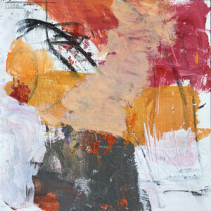 Abstract painting with dynamic orange, red, black, and white brushstrokes.