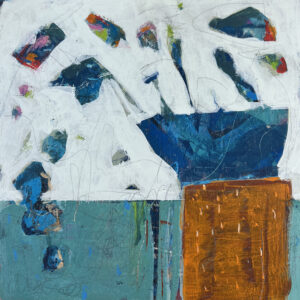 Abstract painting with vibrant blue, orange, and white shapes.