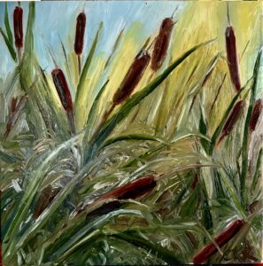 Painting of cattails swaying in a gentle breeze.