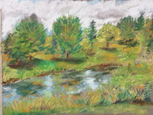 A serene landscape painting with trees and a reflective pond.