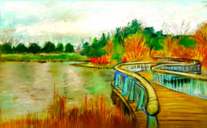 A vibrant painting of a winding boardwalk over a lake with autumn trees.