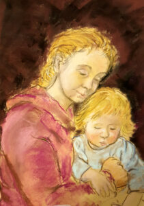 A tender portrait of a mother lovingly holding her child.