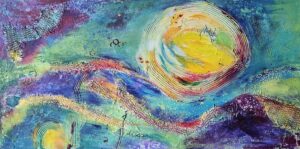 Colorful abstract painting with swirling shapes and vibrant hues.