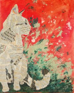 A cat silhouette made of newspaper clippings with a vibrant red and green background.