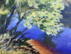 A vibrant painting of a tree by a riverbank with colorful foliage and reflections.