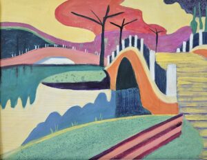 Abstract landscape with vibrant trees and a curved bridge.