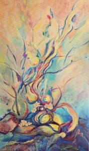 Colorful abstract painting with swirling lines and organic shapes.