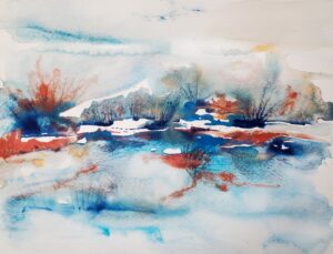Abstract watercolor landscape with vibrant blues, reds, and soft grays.