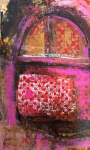 Abstract painting with vibrant pinks and reds featuring floral patterns.
