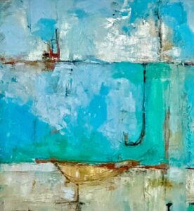 Abstract painting with blue, turquoise, and earthy tones.