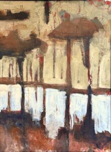 Abstract painting with earthy tones and vertical shapes.