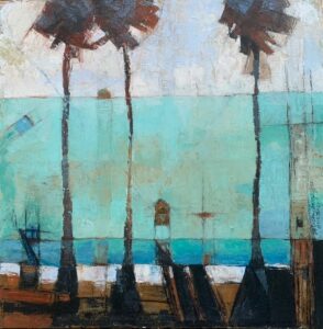 Abstract painting of tall palm trees against a blue sky with geometric shapes.