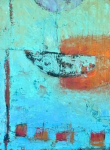 Abstract boat painting with blue and orange hues.