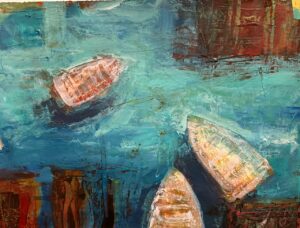 Abstract painting of boats on blue water with textured brushstrokes.