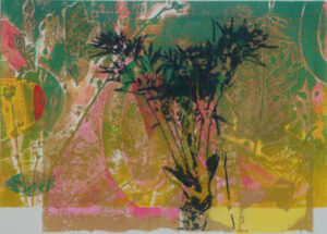 Abstract painting featuring a bouquet of flowers with vibrant colors and textured layers.