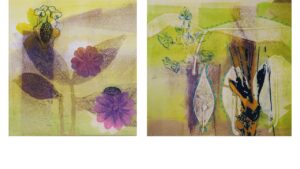 Abstract floral artwork with soft purple flowers and greenish-yellow background.