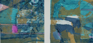 Abstract painting with blue, gold, and white textures divided by a vertical gap.
