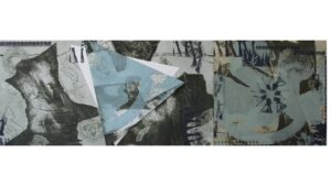 Abstract street art with layered paper and graffiti textures.